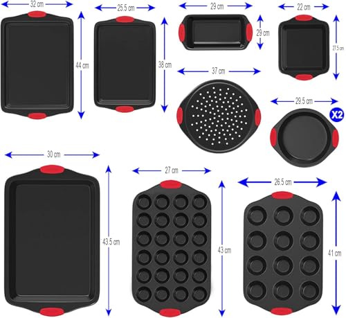 NutriChef Non-Stick Baking Tray Set 10-Piece, Stackable Oven-Safe Bakeware, Cookie Sheet, Loaf, Pizza, Muffin, Cake, Round & Square Pans, Non-Stick Trays with Red Silicone Handles - Image 3
