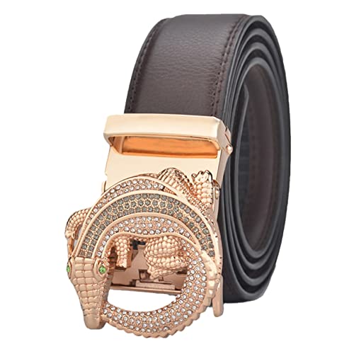 Men's Leather Ratchet Belt - Slide Automatic Rhinestone Gold Buckle Adjustable For Jeans, Suits & Work