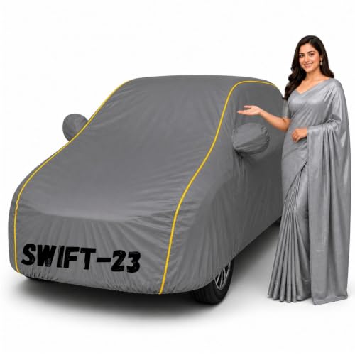 Image of Waterproof Car Body Cover for Swift 2018-23 All Weather Protection Comes with Inner Cotton Lining & Triple Stitched with Mirror & Antenna Pocket Belt & Elastic Fit Grey with Yellow Piping