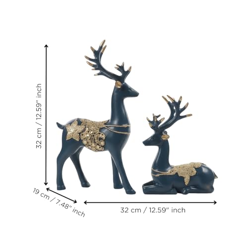 Image of eCraftIndia Resin Reindeer Showpiece for Home Decor Living Room (Pack of 2 Golden Blue) | Vastu Feng Shui Items for Good Luck Gift for Housewarming Birthday