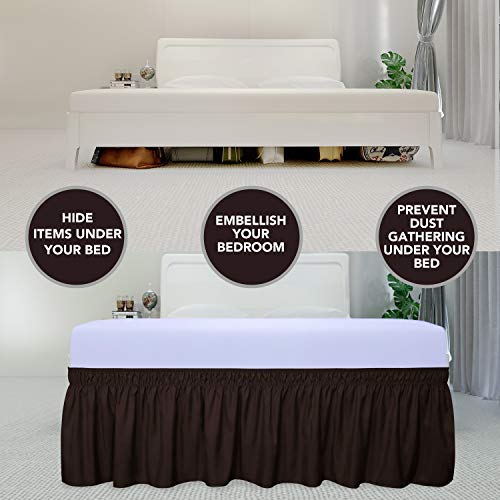 PureFit Wrap Around Ruffled Bed Skirt with Adjustable Elastic Belt - 18 Inch Drop Easy to Put On, Wrinkle Free Bedskirt Dust Ruffles, Bed Frame Cover for Twin,Twin XL and Full Size Beds, Chocolate