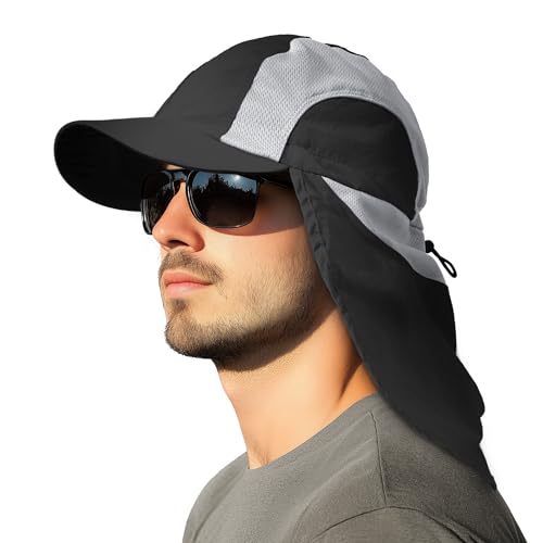 Image of Mens Sun Hat with Breathable Mesh Sun Hats for Men Sun Protection Fishing Hat with Neck Flap for Hiking Cycling Black