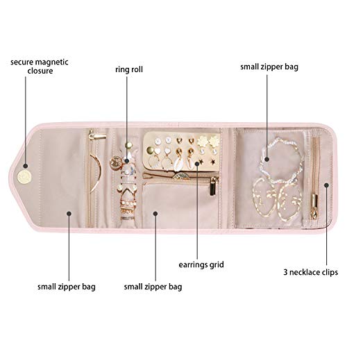 Image of BAGSMART Travel Jewelry Organizer Case Foldable Jewelry Roll,Light Pink | Small Travel Jewelry Organizer Case Foldable Small Jewelry Roll for Journey Rings, Necklaces, Earrings, Bracelets,Mini