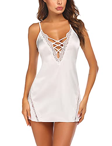 Avidlove Women Chemise Lingerie Satin Lace Nightgown Lace Babydoll Sleepwear Dress White L