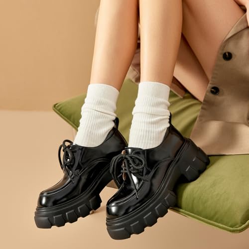 Image of BEAU TODAY Platform Oxfords for Women, Oxford Shoes for Women, Chunky Leather Lace Up Oxfords,Casual Comfortable Breathable Non-Slip Dress Shoes for Work Business