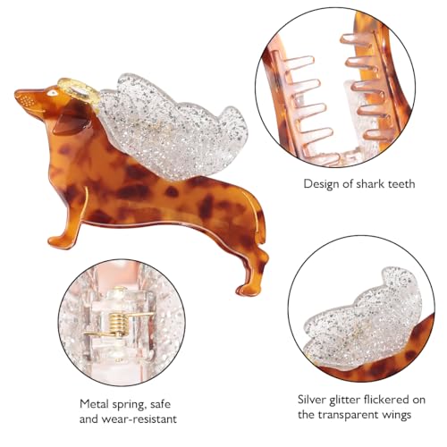Vintage Angel Dachshund Dog Hair Claw Clip, Tortoise Shell Pattern with Glitter Wings Acetate Hair Claw for Women Mother Gift, 3.14 x 2.36 inches