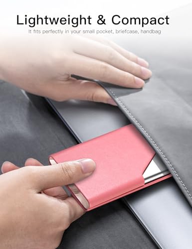 Image of Padike Business Card Holder, PU Leather & Stainless Steel Multi Card Case for Men & Women, Name Card Holder, Credit Card Wallet, ID Case /Holder with Magnetic Closure (Pink)