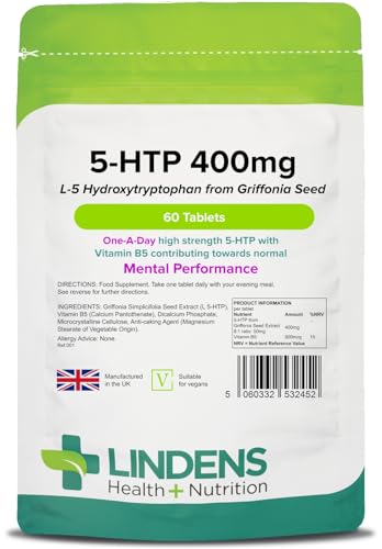 Lindens - 5 HTP 400mg 60 Tablets - 1-A-Day UK Made - 50mg Griffonia Simplicifolia Seed Extract 8:1 with Vitamin B5 - Mental Performance - Letterbox Friendly Vegan