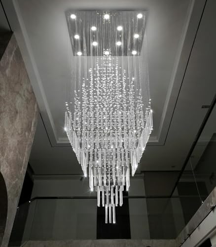 HAIXIANG W32 x H120 Glam Chandelier with LED Bulbs Square Chandeliers, Crystal Raindrop High Ceiling Pendant Light for Entrance Large Villa Chandelier Foyer Lighting Fixtures Silver — view 3