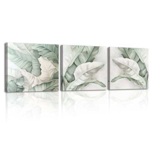 Piy Painting Pinturas minimalistas en lienzo, arte de pared en lienzo de hojas, pintura decorativa de pared verde para dormitorio, sala de estar, oficina, baño, entrada, juego de 3, 12 x 12 pulgadas