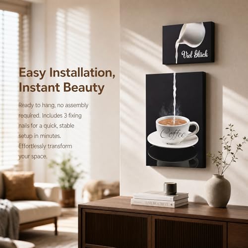 Ulluthu 2 Stück Kaffee Wandschild Wanddeko, Poster Kaffee Bilder, Modern Küche Wandbilder Kaffee Bar Wanddeko Leinwand Bilder Schwarz Kaffeetasse Wandbild für Café Bar Küche Restaurant Hause Deko