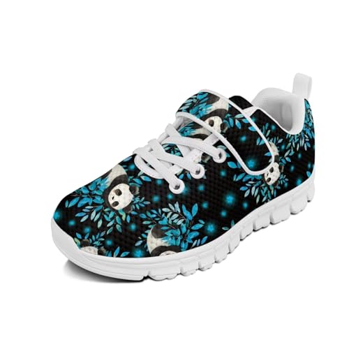 Boys Girls Sneakers Kids Breathable Lightweight Strap Tennis Athletic Running Shoes Panda Blue Plant Pattern（White Sole）