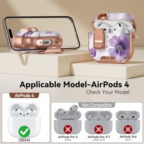 Image of for AirPod 4 Case, with Safty Lock & Phone Stand for Floral AirPod 4 Generation Case Cover for Women Girly, iPod 4 Cases with Keychain & Cleaner Kit -Purple Ink Wash Flower