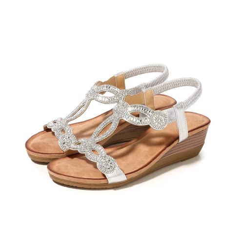 ZPLMIDE Sandalias de mujer vintage, sandalias de cuña boho con diamantes de imitación de moda zapatos de mujer de talla grande Cover