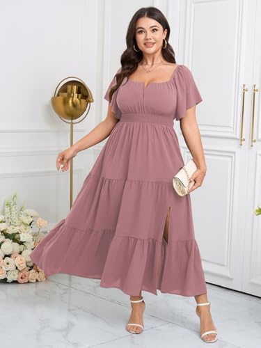 Image of SCOMCHIC Womens Plus Size Maxi Dress Formal Short Sleeve Square Neck Smocked Side Split Flowy A Line Tiered Long Dress