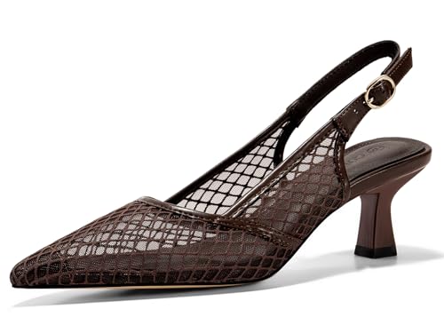 Coutgo Women's Slingback Kitten Low Heels Mesh Pumps Closed Pointed Toe Wedding Work Dress Shoes, Brown, Size 8.5