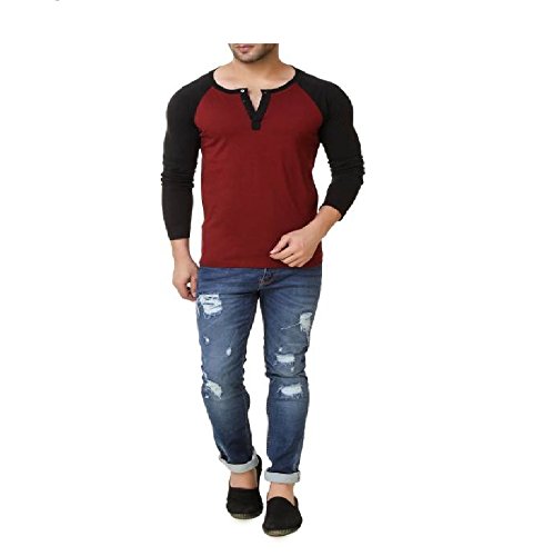 Image of Urbano Fashion Men's Maroon Full Sleeve Henley T-Shirt