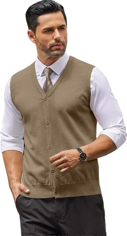 CAPICHINO Cardigan Men’s Dark Beige Cardigan Front Open Buttoned Sleeveless Cardigan/Woolen Jacket/Waist Coat/Sweater with Pockets (Multisize)