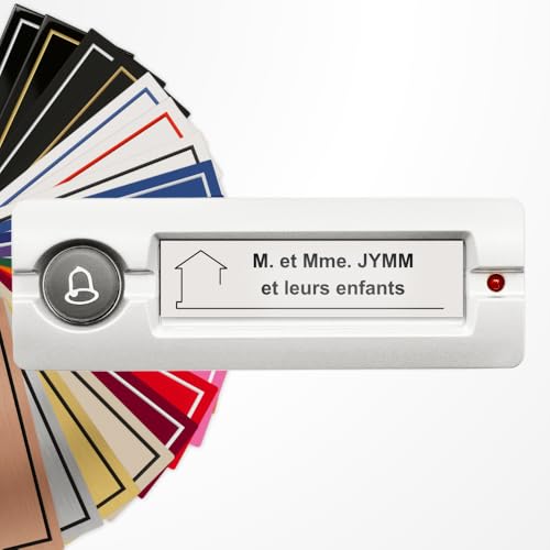 Plaque interphone ou sonnette 6x1,5cm adhésive en PVC – Gravure Laser – 22 Couleurs – Avec ou Sans Motif (Blanc texte noir)