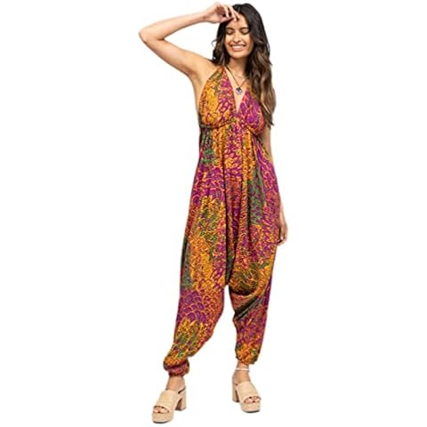 likemary Harem Jumpsuit for Women - Ladies Jumpsuit Halter Neck - Hareem Jumpsuits - Genie Romper Women - Peacock Print Fuchsia Pink Cover