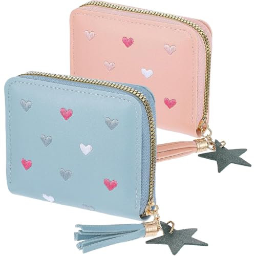 2 Stück Geldbörse für Mädchen, für Mädchentasche, 10 Jahre, niedliche kleine Geldbörse mit Quaste, Mini-Kartenetui für Mädchen, Brieftasche, Hellrosa und Blau