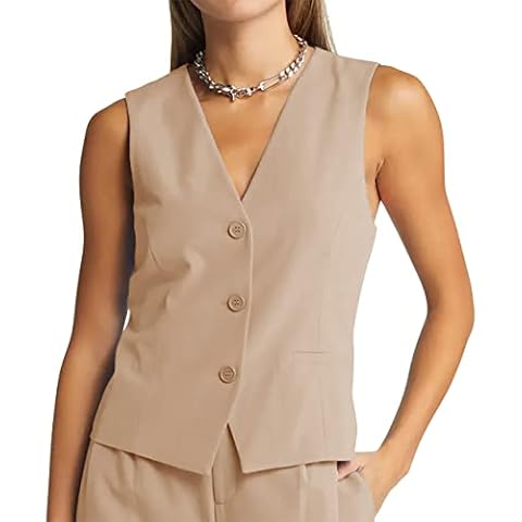 GAMISOTE Women Crop Blazer Sleeveless V Neck With Pockets Summer Chiffon Waistcoat Khaki Cover