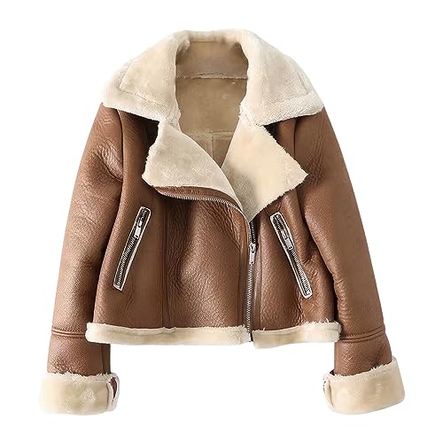 Women’s Brown Aviator Genuine Sheepskin Sherpa Faux Fur Casual Leather