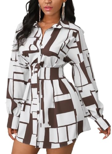 Image of Glozeplus Long Sleeve Button Down Collar Mini Shirt Dress for Women | Trendy script print shirt dress.The button-down front and collared V-neck create a chic.Perfect for office or casual dates.