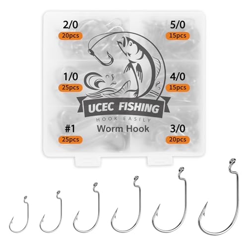 UCEC 120PCS Senkos Bass Fishing Hooks Freshwater Saltwater, EWG Worm Texas Rig Hooks Wide Gap 2X Strong Fishing Hook Set Size: #1 1/0 2/0 3/0 4/0 5/0
