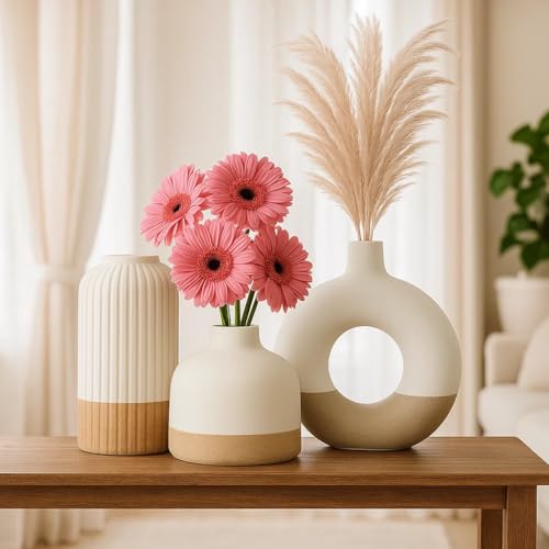 Image of SPHINX Modern Ceramic Vase Set of 3 | Ribbed 6 Inch Vase, Donut 6 Inch & 4 Inch Small Vase | Neutral Cream Sand Design | Home Decor, Table Decor, Flowers, Pampas