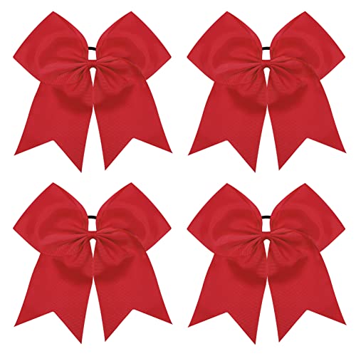 TUUXI 4pcs Large Cheering Bows 8 Inch Red Cheerleading Bows with Elastics Hair Ties Bands Ponytail Holder for Cheerleader Softball Football Competition College Sport