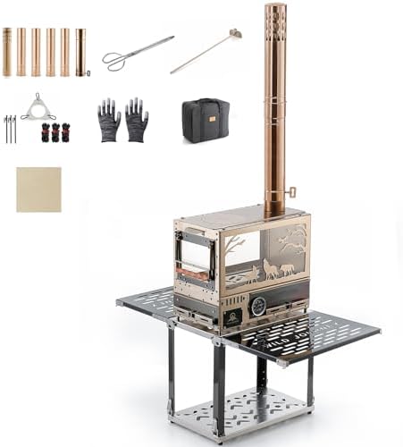 M8 Wood Burning Stove with Oven & Folding Camping Table, Stainless Steel Portable Hot Tent Stove, Including 6 Chimney Pipes, for Camping, Tents, Cooking and Travel Rose Gold