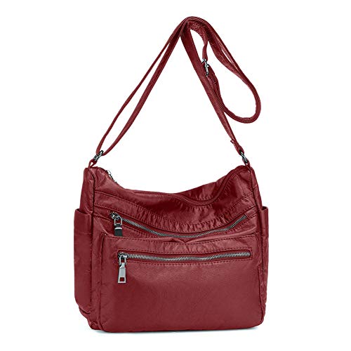 Womens Crossbody Bag Washed Soft Leather Shoulder Handbag Multi Pockets Purse for Lades
