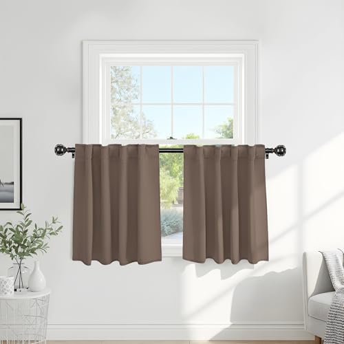 PONY DANCE Blackout Curtains Set - Short Window Curtain Draperies Thermal Insulated Home Decoration Energy Saving Back Tab/Rod Pocket Panels for Bedroom, 42-inch by 30-inch, Mocha, 2 PCs