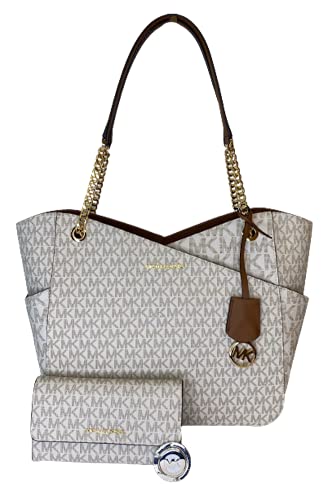 Michael Kors MICHAEL Michael Kors Jet Set Travel Large Chain Shoulder Tote bundled with Trifold Wallet Purse Hook (2021 Signature MK Vanilla)