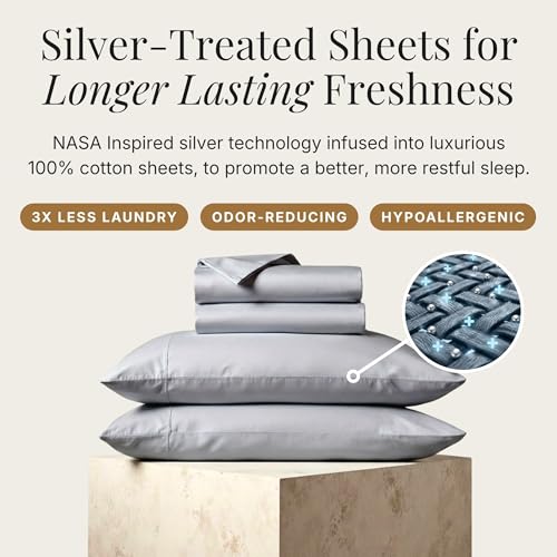 Image of Miracle Made Cotton Bed Sheets - 4 Piece Silver Infused, 300-Thread-Count Thermoregulating Miracle Clean & Cool Sheet Set (Silver Grey, Twin)