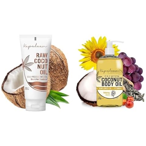 Kapuluan Raw Coconut Oil for Skin, Hair – Raw Extra Virgin Coconut Oil 200ml and Massage Body Oil, Lavender Coconut Oil Blend - 8 oz - Bundle Cover