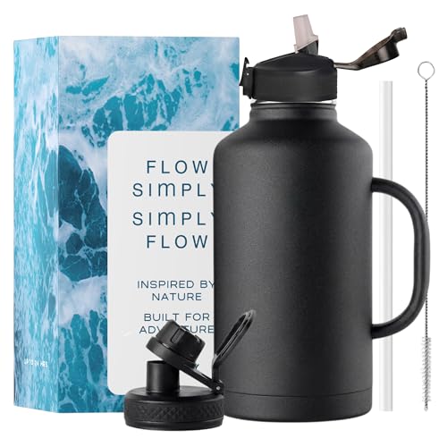 Image of AquaFlo 2 Litre Stainless Steel Bottle with 2 Lids, 24HR Hot & Cold Insulated Water Bottle 2 Litre, 2 LTR Gym Sipper Bottles with Straw, 2L Thermo Flask Steel Sipper Water Bottles for Adults (Black)