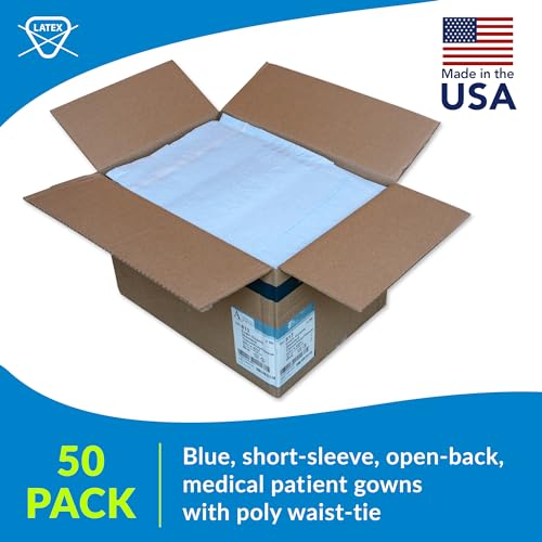 avalon standard gowns blue pack of 50  tissuepolytissue  open-back waist-tie short-sleeve medical gowns  disposable exam gowns  standard size 30 x 42  latex-free medical supplies 813