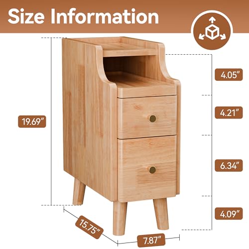 Image of Narrow Nightstand Set of 2, 19.7 inch H Pre-Assembled Solid Wood Small Skinny Night Stand with Drawers, Open Sliding Shelf, Mid Century Modern Slim Bedside Table for Bedroom, Natural Oak,8 inch