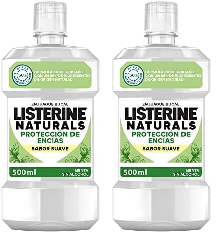 Listerine Naturals (1 x 500 ml), enjuague bucal sin alcohol sabor menta, colutorio bucal que protege las encías, elixir bucal con fórmula biodegradable e ingredientes naturales (Paquete de 2)