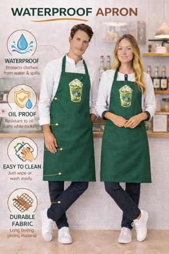 Image of Waterproof Printed Kitchen Apron for Women & Men, Adjustable Neck Cooking Apron with Front Pocket, Oil & Stain Resistant Apron for Cooking, Baking & Kitchen Use
