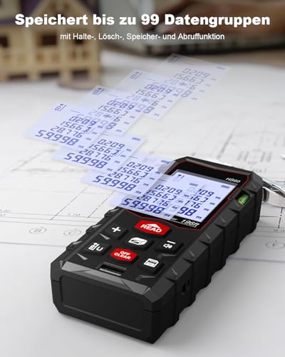 Charcity Laser Entfernungsmesser Messgerät für Räume - 60m Dual-Level IP54 Wasserdicht, Entfernungs-/Flächen-/Volumenmessung, Großes LCD mit Hintergrundbeleuchtung, für Innen- & Außenbereich