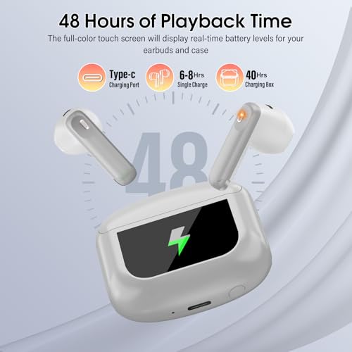 Image of Wireless Earbuds, Bluetooth 5.4 Headphones with Multifunctional Touch Screen, 48H Bass Stereo Ear Buds with ANC /ENC Noise Cancelling /Transparency Mode, IPX7 Earphones with 5 EQ Modes, Rock Gray
