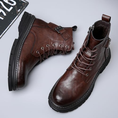 Men's Leather Waterproof Combat Boots with Side Zipper, Casual Hand-Stitched Lace-Up High Top Motorcycle Boots, Comfort Outdoor Rubber Sole Non-Slip Resistant Soft Sole Work Boot3