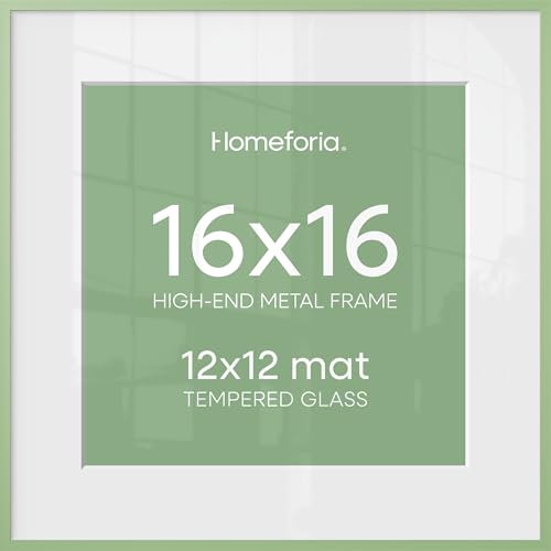Image of Homeforia 16x16 Picture Frame Sage Green, High End Metal 16 x 16 Square Poster Frames with Mat 12 x 12 Photo, 16x16 Frame Matted to 12x12 Art, 16by16 Hanging Frames, Tempered Glass, Wall Kit, Set of 1