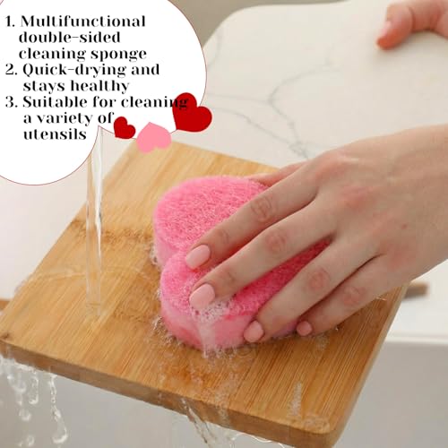 Image of Tioncy 12 Pack Heart Kitchen Sponges Bulk Dual Sided Scrubber Sponges Dishwashing White Pink Kitchen Cleaning Accessories for Household Supplies