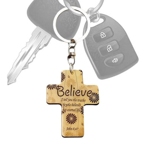 Llavero cristiano – Llavero inspirador de madera con cruz de la Biblia cristiana | Diseño de metal y madera | Perfecto para bautizo, cumpleaños, Pascua, Navidad y ocasiones especiales, Believe, Refer