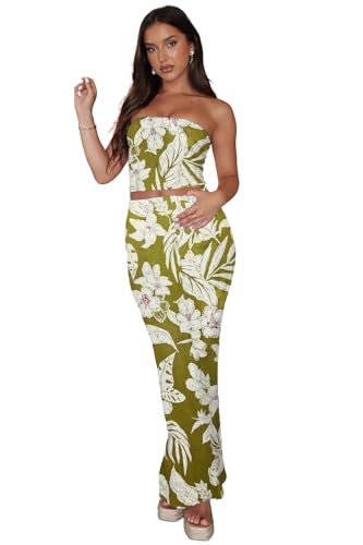 Image of Two Piece Dress Outfits for Women Sleeveless Tube Tops Bodycon Maxi Dress Summer Strapless Crop Top Sexy Suits Set