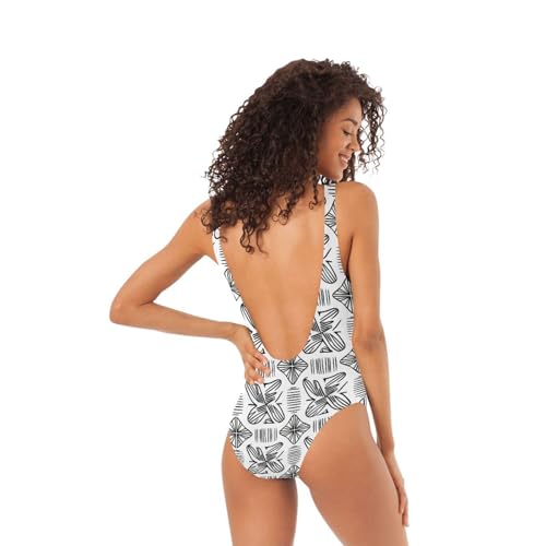 Traje de baño para mujer con espalda en U premium confeccionado con líneas negras 3